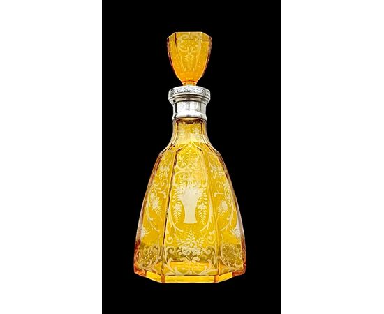 Cut crystal bottle with silver neck. Bohemia.