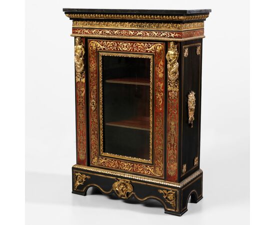 Ebonized wood display cabinet, Boulle-style decoration and gilded bronze finishes. Marble top. France, 19th century.