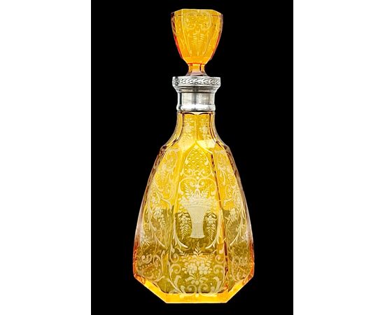 Cut crystal bottle with silver neck. Bohemia.