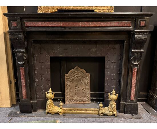 CHM897 - Antique Belgian black marble fireplace with Rosso Francia inlays, 19th century, dimensions cm W 139 x H 107 x D 38