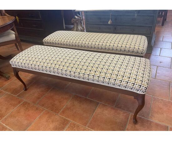 Pair of upholstered walnut benches
