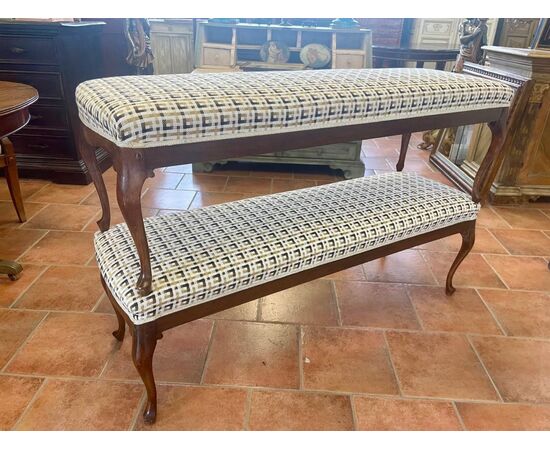 Pair of upholstered walnut benches