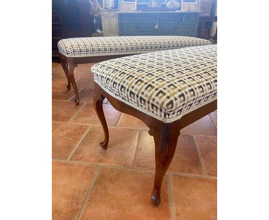 Pair of upholstered walnut benches