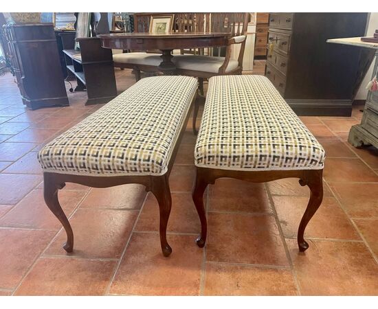 Pair of upholstered walnut benches