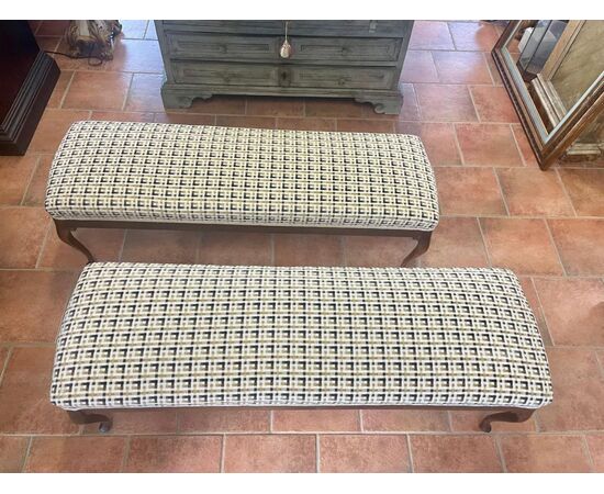 Pair of upholstered walnut benches