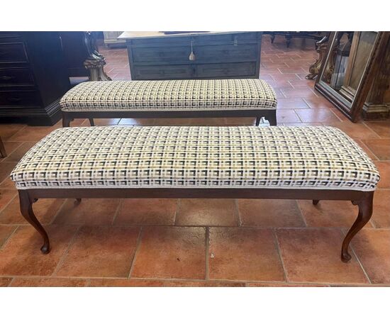 Pair of upholstered walnut benches