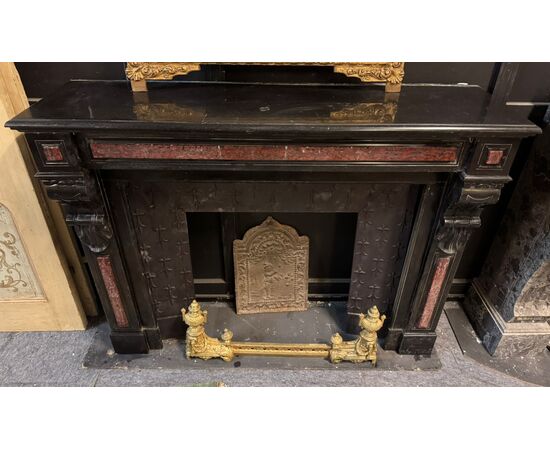 CHM897 - Antique Belgian black marble fireplace with Rosso Francia inlays, 19th century, dimensions cm W 139 x H 107 x D 38