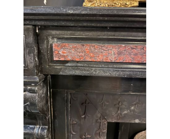 CHM897 - Antique Belgian black marble fireplace with Rosso Francia inlays, 19th century, dimensions cm W 139 x H 107 x D 38