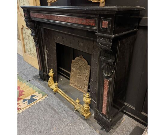 CHM897 - Antique Belgian black marble fireplace with Rosso Francia inlays, 19th century, dimensions cm W 139 x H 107 x D 38
