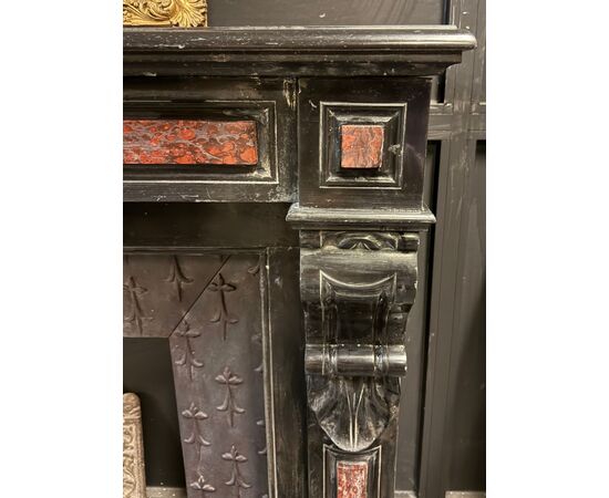 CHM897 - Antique Belgian black marble fireplace with Rosso Francia inlays, 19th century, dimensions cm W 139 x H 107 x D 38