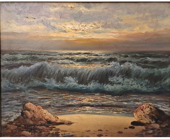 "MARINA AL TRAMONTO - OLIO SU TELA - LICINIO CAMPAGNARI (1920 - 1981)