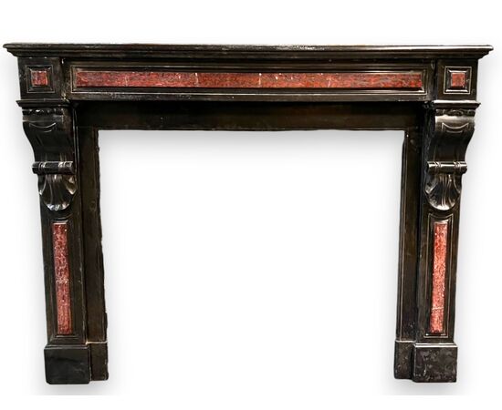 CHM897 - Antique Belgian black marble fireplace with Rosso Francia inlays, 19th century, dimensions cm W 139 x H 107 x D 38