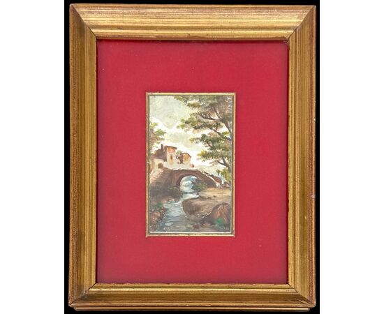 Oil painting on panel depicting architecture in a rural setting.