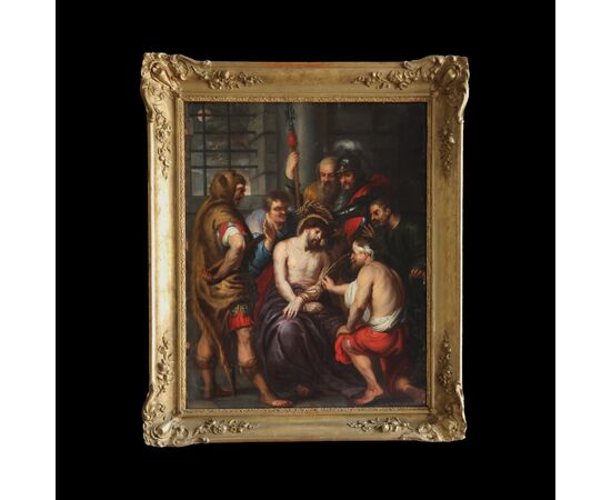 Antoon Van Dyck scuola di, Anversa 1599 - Londra 1641; L'incoronazione di spine, olio su rame