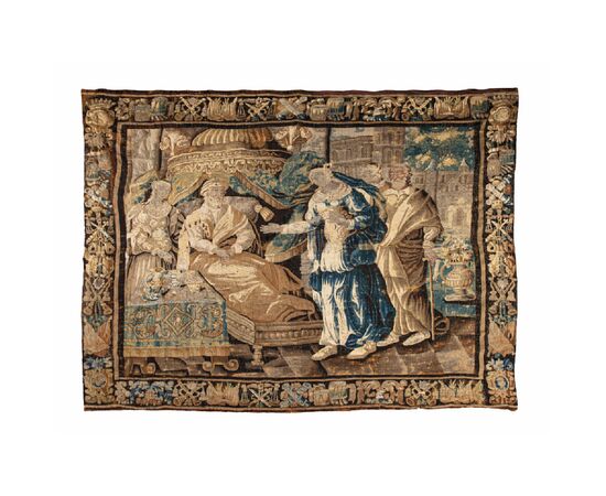 Tapestry depicting an interior scene with figures within a patterned frame, Aubusson manufacture, France, 18th century