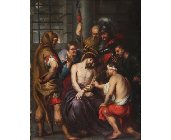 Antoon Van Dyck scuola di, Anversa 1599 - Londra 1641; L'incoronazione di spine, olio su rame
