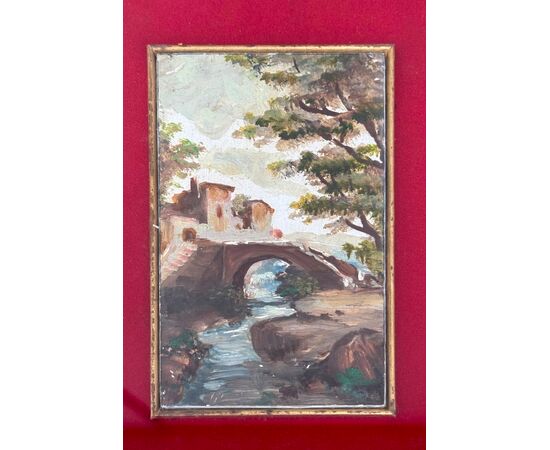 Oil painting on panel depicting architecture in a rural setting.