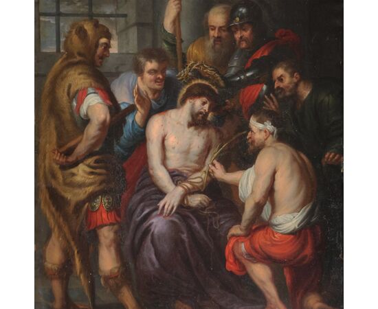 Antoon Van Dyck scuola di, Anversa 1599 - Londra 1641; L'incoronazione di spine, olio su rame