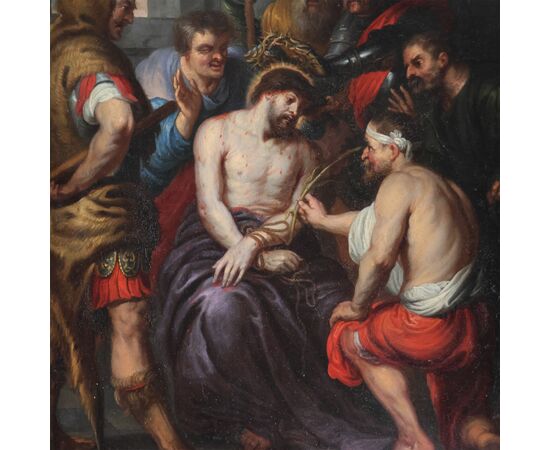 Antoon Van Dyck scuola di, Anversa 1599 - Londra 1641; L'incoronazione di spine, olio su rame