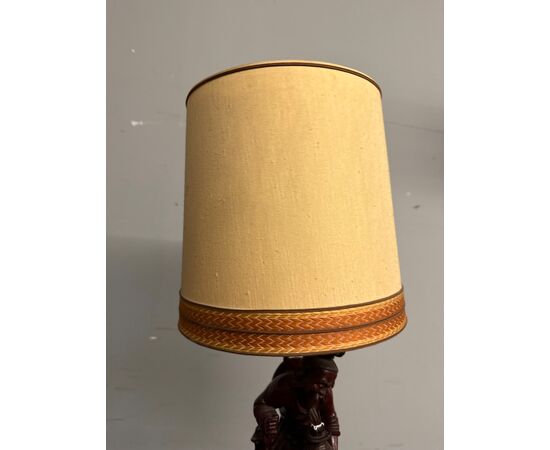 Antica scultura a lampada in legno cinese personaggio '900, 70x36cm