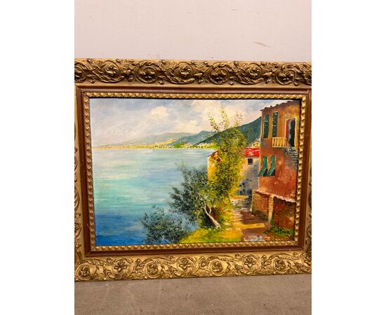 Olio su tela raffigurante Golfo di Napoli, anni 50, 85x67cm