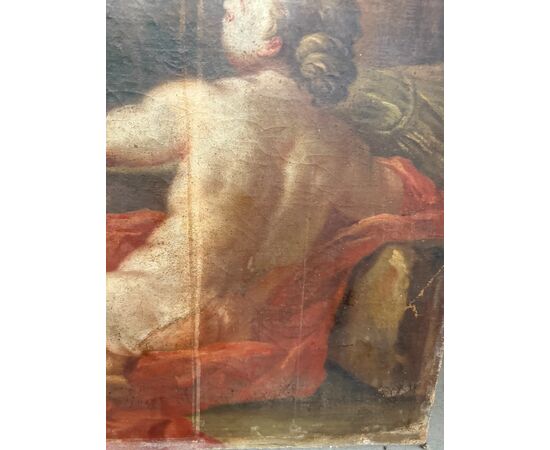 Antico dipinto Bacco con Cherubini fine XVII sec olio su tela 103x77cm Prima tela