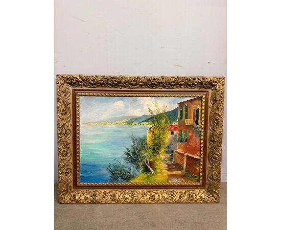 Olio su tela raffigurante Golfo di Napoli, anni 50, 85x67cm