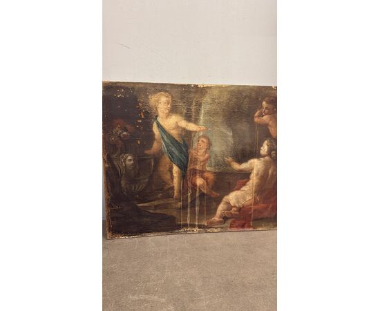 Antico dipinto Bacco con Cherubini fine XVII sec olio su tela 103x77cm Prima tela