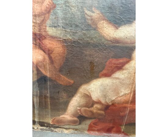 Antico dipinto Bacco con Cherubini fine XVII sec olio su tela 103x77cm Prima tela