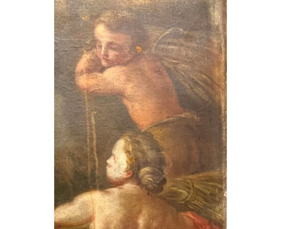 Antico dipinto Bacco con Cherubini fine XVII sec olio su tela 103x77cm Prima tela