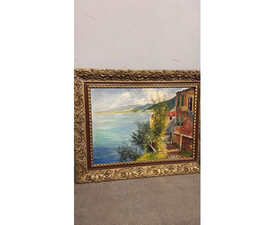 Olio su tela raffigurante Golfo di Napoli, anni 50, 85x67cm