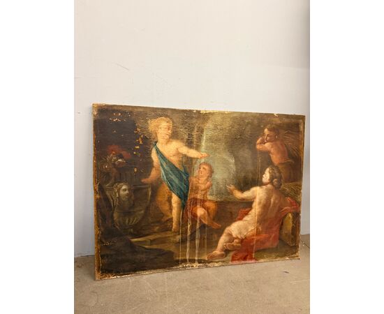 Antico dipinto Bacco con Cherubini fine XVII sec olio su tela 103x77cm Prima tela