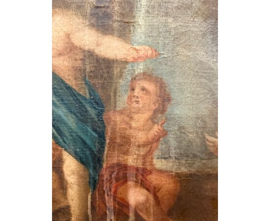 Antico dipinto Bacco con Cherubini fine XVII sec olio su tela 103x77cm Prima tela
