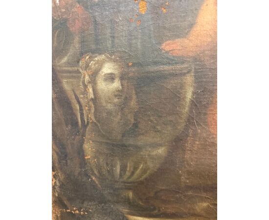 Antico dipinto Bacco con Cherubini fine XVII sec olio su tela 103x77cm Prima tela