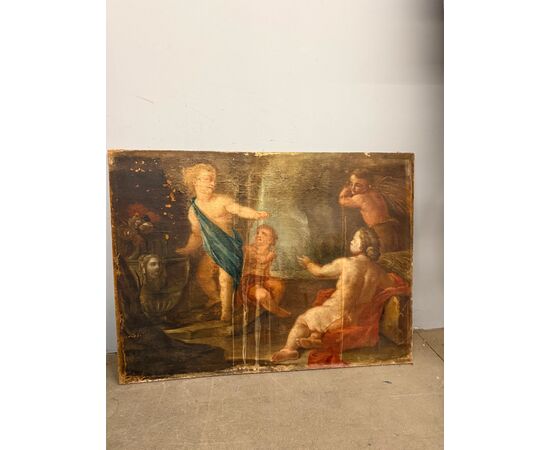 Antico dipinto Bacco con Cherubini fine XVII sec olio su tela 103x77cm Prima tela