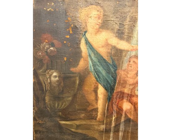 Antico dipinto Bacco con Cherubini fine XVII sec olio su tela 103x77cm Prima tela