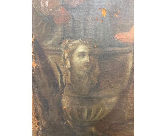 Antico dipinto Bacco con Cherubini fine XVII sec olio su tela 103x77cm Prima tela
