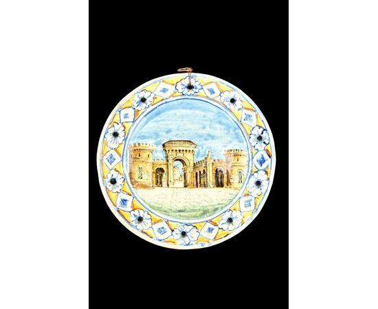 Majolica saucer with a depiction of the Porta Saragozza in Bologna. Minghetti.