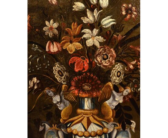 Natura morta di fiori in un vaso classico, Maestro del vaso a grottesche (attivo a Roma e Napoli nel primo quarto del XVII secolo)