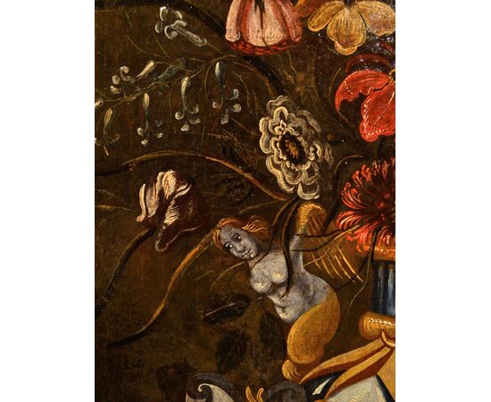 Natura morta di fiori in un vaso classico, Maestro del vaso a grottesche (attivo a Roma e Napoli nel primo quarto del XVII secolo)