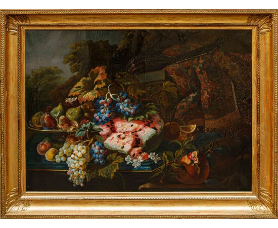 19th century, follower of Maximilian Pfeiler, Still life with grapes and watermelon and carpet