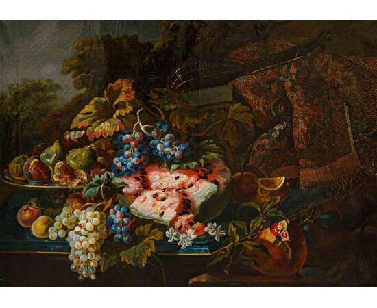 19th century, follower of Maximilian Pfeiler, Still life with grapes and watermelon and carpet