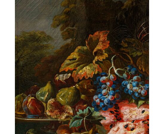 19th century, follower of Maximilian Pfeiler, Still life with grapes and watermelon and carpet