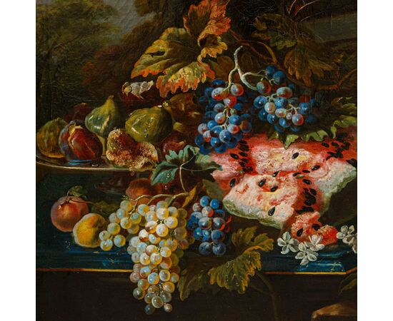 19th century, follower of Maximilian Pfeiler, Still life with grapes and watermelon and carpet