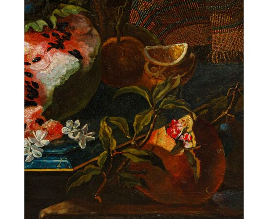 19th century, follower of Maximilian Pfeiler, Still life with grapes and watermelon and carpet