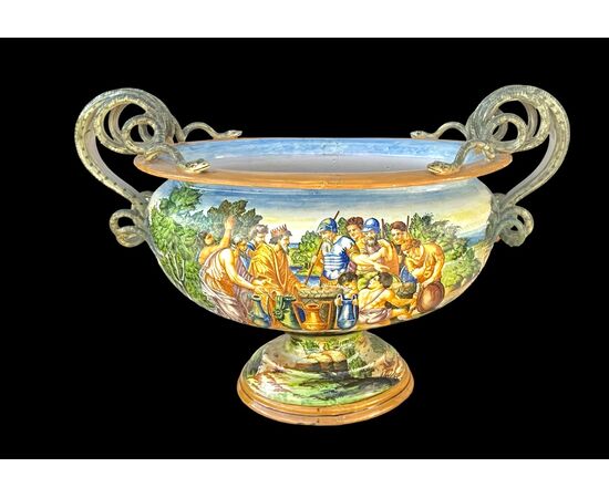 Large majolica vase decorated with a historical scene. Molaroni. Pesaro.