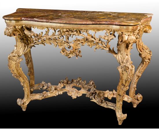 Console in legno scolpito intagliato e dorato, Genova, metà XVIII secolo