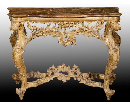 Console in legno scolpito intagliato e dorato, Genova, metà XVIII secolo