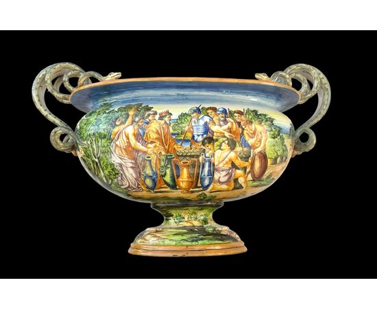 Large majolica vase decorated with a historical scene. Molaroni. Pesaro.