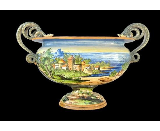 Large majolica vase decorated with a historical scene. Molaroni. Pesaro.